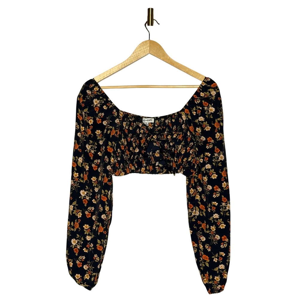 Red Hearts Floral Smocked Crop Top Women's L Tie Front Long Sleeve